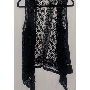 Women’s L Black Lace Crochet  Boho Sleeveless open front Cardigan